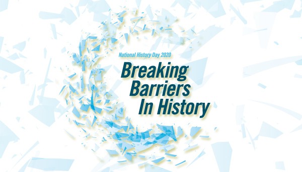 national history day 2020 Breaking Barriers in History text sounded by colorful clouds