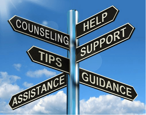 multiple signs noting help, counseling, support, tips, guidance, and assistance