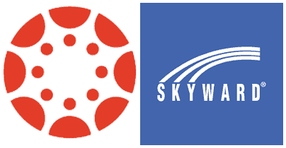 canvas red logo next to skyward logo over blue background